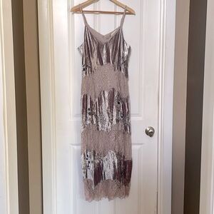 Letmebe light lavender velvet, lace and sequin beaded maxi. Sz L festive dress.